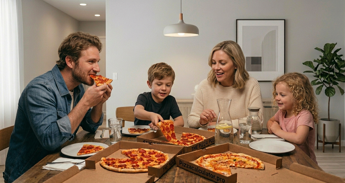 Family of four enjoying pizza night at home with several open pizza boxes spread across the dining table