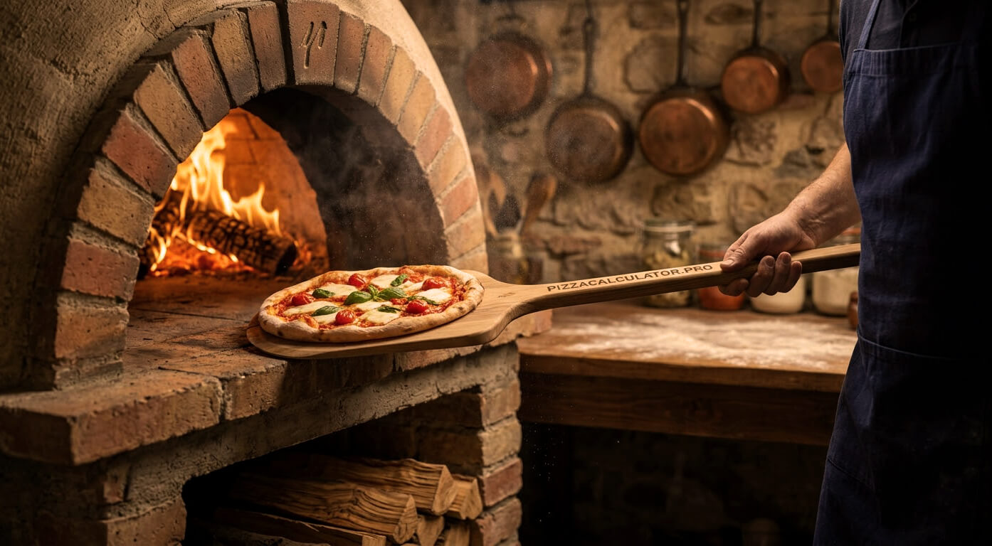 Wood-fired pizza oven with a freshly baked pizza on a peel, flames burning inside a rustic kitchen